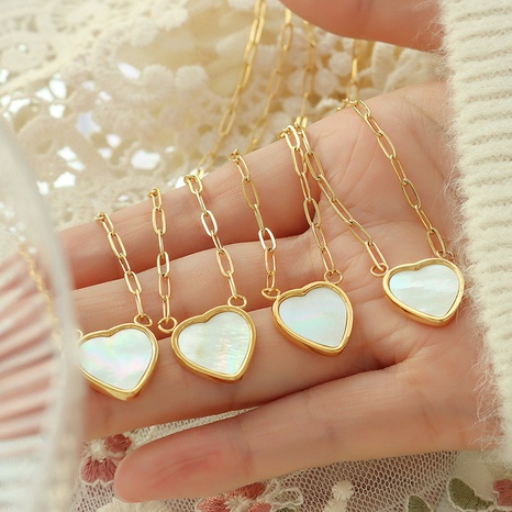 European and American heart-shape white shell pendant titanium steel necklace's discount tags