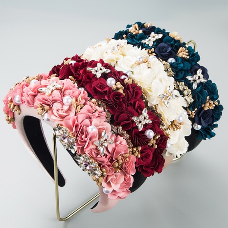 Fashion Flower Headband Rhinestones Sponge Wide Edge Hair Accessories NHLN579996's discount tags