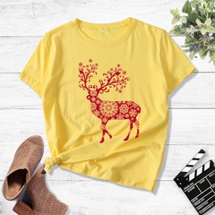 pink Paper Cut Elk Print Casual Short Sleeve T-Shirt