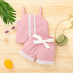 girls pink suspender shorts suit casual summer sports girl two-piece clothing