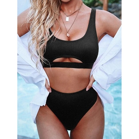 new ladies solid color hollow high waist sexy swimsuit bikini's discount tags