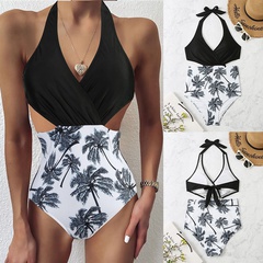 new ladies one-piece printed stitching swimsuit European and American sexy swimwear