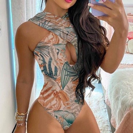 new ladies cross one-piece printed swimsuit European and American sexy swimsuit's discount tags
