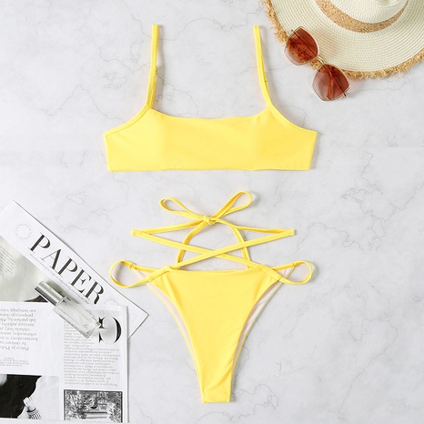 new ladies yellow split strap swimsuit European and American bikini's discount tags
