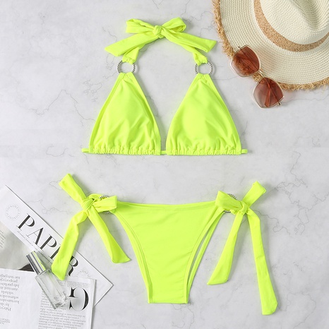 new double shoulder pure color green swimsuit bikini's discount tags