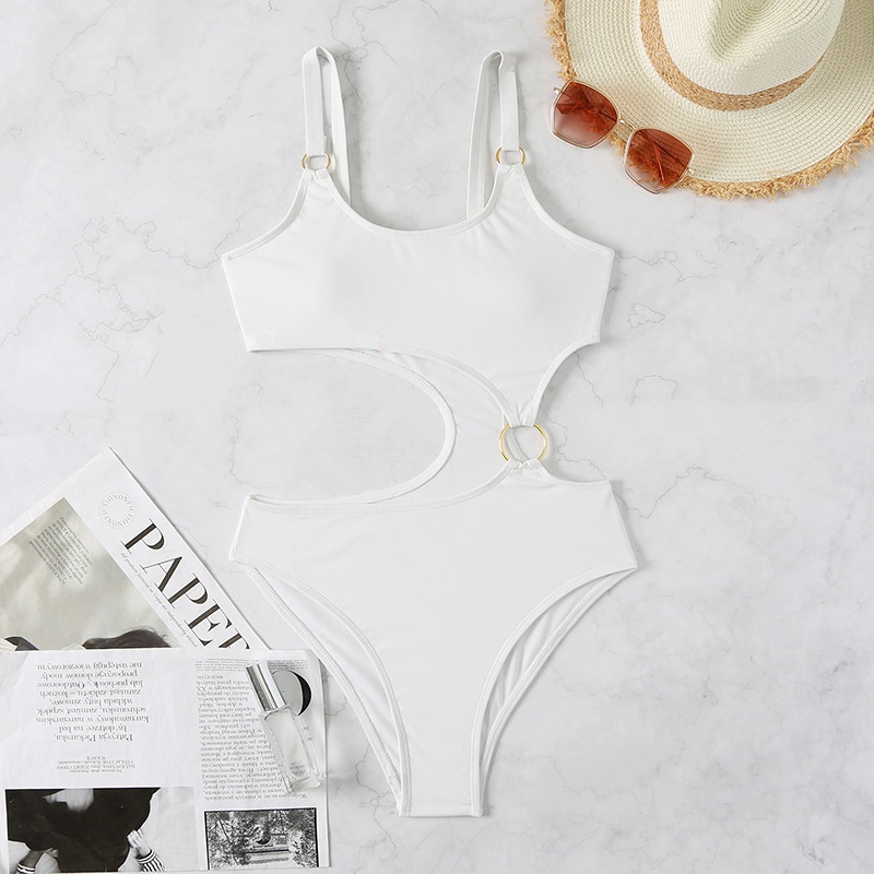 new ladies white solid color onepiece swimsuit European and American sexy swimwear