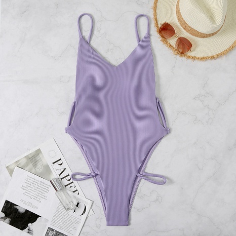 new ladies one-piece solid color swimsuit European and American sexy swimwear's discount tags