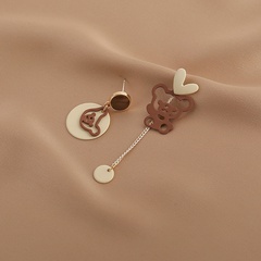 Korean contrast color hollow bear sweet heart asymmetric earrings female