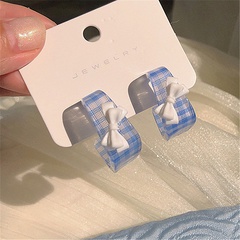 Korean blue plaid bow sweet girl C-shaped earrings wholesale