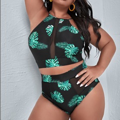 new ladies plus size one-piece swimsuit green printed gauze European and American swimwear