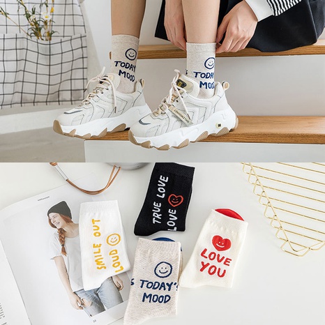 In-tube socks summer female smiley letters cotton sports breathable sweat-absorbent cotton socks's discount tags