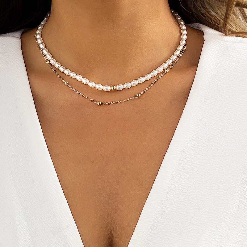 European and American jewelry pearl doublelayer alloy necklace