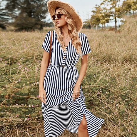 2022 new v-neck high waist navy blue single-breasted short-sleeved striped dress women's discount tags