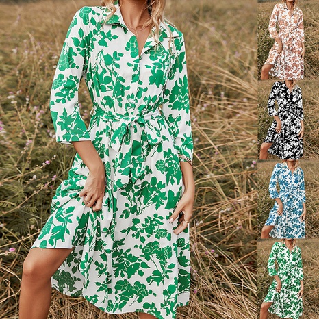 2022 spring and summer new fashion women's three-quarter sleeve long skirt green print dress's discount tags