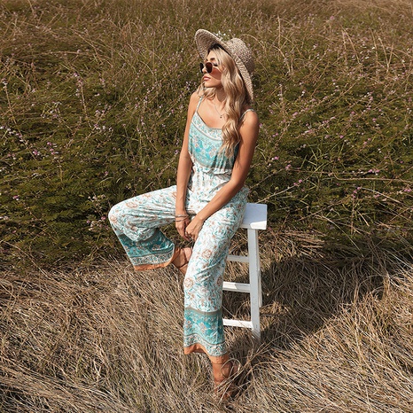 new sling printed floral casual loose waist sexy jumpsuit women Europe and America's discount tags