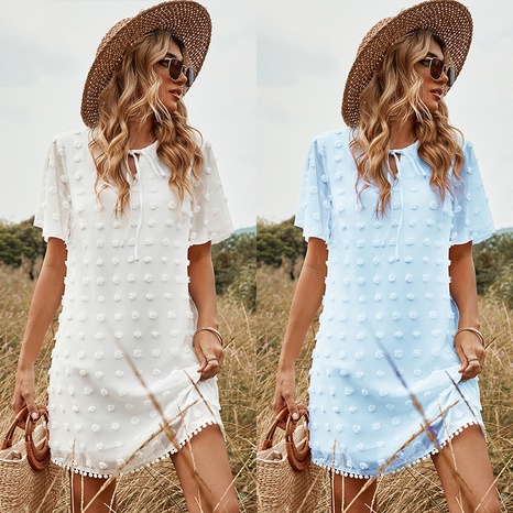 women's spring and summer short-sleeved skirt Amazon white chiffon jacquard polka-dot dress's discount tags