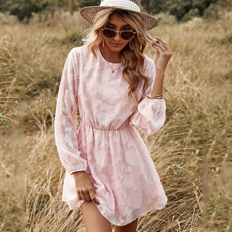New Pink Skirt Round Neck Elastic Waist Long Sleeve Dress Women Wholesale's discount tags