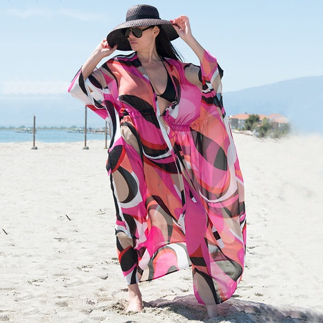 mode mousseline de soie rose rouge lâche long cardigan plage crème solaire bikini chemisier's discount tags
