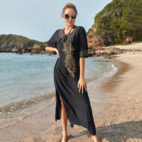 Falda de playa de gran tamaño holgada bordada en negro de algodón a la moda's discount tags