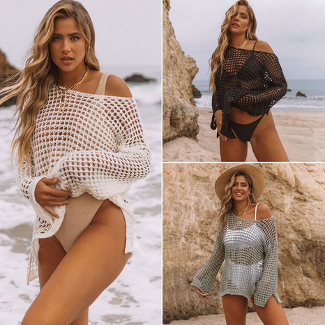 fashion sexy beach hollow three-color knitted bikini mesh blouse's discount tags