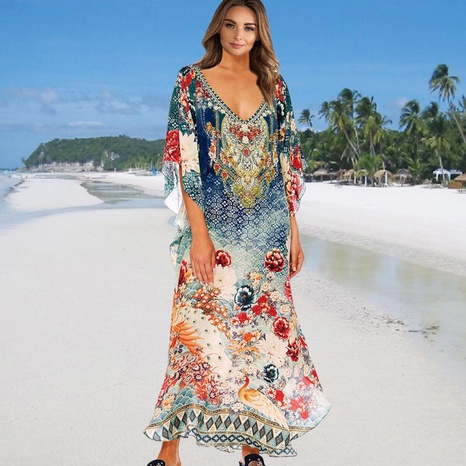 fashion printing V-neck robe beach sunscreen skirt swimsuit blouse NHXW581142's discount tags