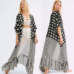 fashion plaid striped loose long cardigan beach sunscreen blouse bikini blouse