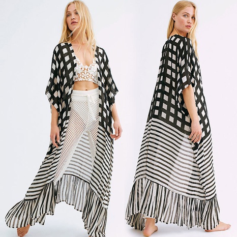 fashion plaid striped loose long cardigan beach sunscreen blouse bikini blouse's discount tags