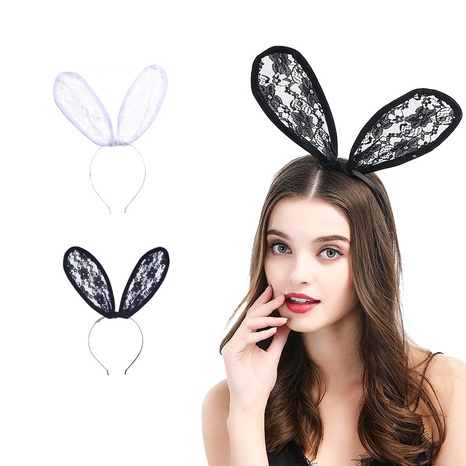 Korean fabric bow headdress creative black lace personality big rabbit ears headband's discount tags