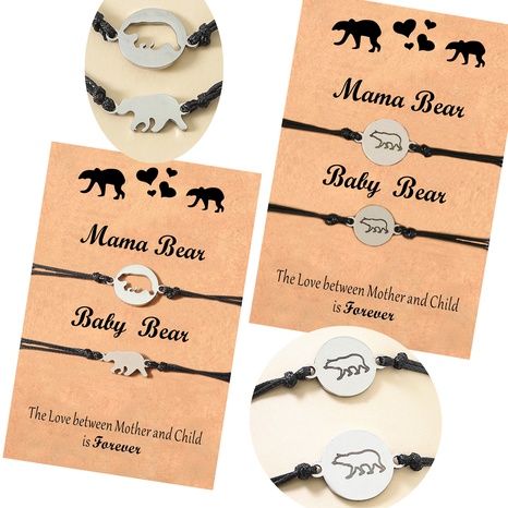 Bracelet tissé à la main de carte parent-enfant d'ours de bébé d'étiquette noire creuse créative d'acier inoxydable's discount tags