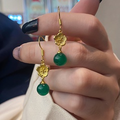 retro flower shaped bud green jade pendant earrings