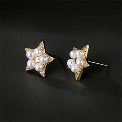 golden copper micro-inlaid zircon pearl five-pointed star stud earrings