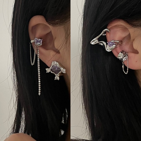 simple irregular metal purple zircon tassel ear bone clip NHYQ585155's discount tags