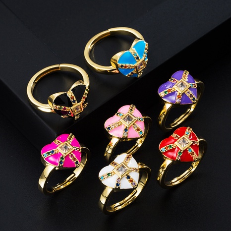 vintage fashion copper micro-inlaid zircon color drop oil heart open ring's discount tags