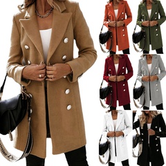 British Style Solid Color Button Cotton Double Breasted Coat Woolen Coat