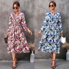 Fashion Leaves Shirt Collar Long Sleeve Printing Pleated Polyester Dresses Midi Dress Floral Dress