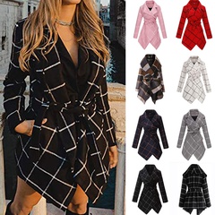 Fashion Plaid Bowknot Imitation Woolen Tie Coat Woolen Coat
