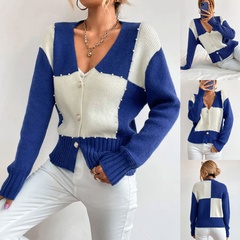 Casual Color Block Cotton Blend V Neck Long Sleeve Regular Sleeve Button Sweater