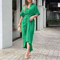 Fashion Solid Color Turndown Short Sleeve Polyester Dresses Midi Dress Shirt Dress