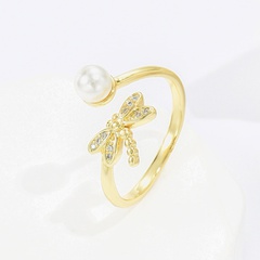 Mode Libelle Schmetterling Kupfer Vergoldet Künstliche Perlen Zirkon Offener Ring 1 Stück