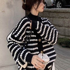 Casual Stripe knit Round Neck Long Sleeve Regular Sleeve Patchwork Button Sweater