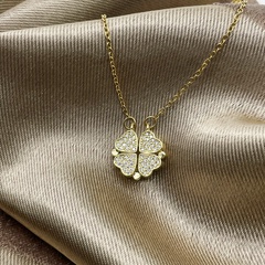 Fashion Four Leaf Clover Heart Shape Titanium Steel Rhinestones Pendant Necklace
