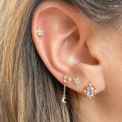 Fashion Star Moon Copper Tassel Artificial Pearls Zircon Ear Studs 4 Piece Set
