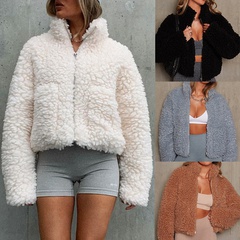 Fashion Solid Color Patchwork Polyester Fleece Zipper Coat Coat
