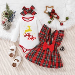 Christmas Fashion Letter Plaid Elk Polyester Girls Clothing Sets