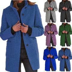 Vintage Style Solid Color Patchwork Button Polyester Single Breasted Coat Woolen Coat
