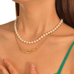 Fashion Solid Color Imitation Pearl Copper Chain Women'S Necklace 2 Piece Set