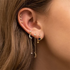 Fashion Star Moon Tassel Copper Asymmetrical Gold Plated Zircon Dangling Earrings 6 Pieces