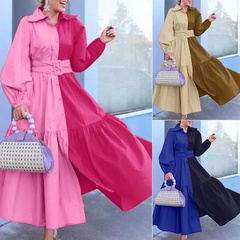 Fashion Color Block Turndown Long Sleeve Patchwork Cotton Blend Polyester Dresses Maxi Long Dress Shirt Dress