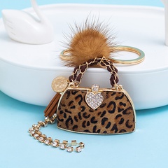 Retro Bag Heart Shape Leopard Pu Leather Inlay Rhinestones Women'S Bag Pendant Keychain 1 Piece