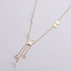 Elegant Butterfly Stainless Steel Gold Plated Artificial Pearls Pendant Necklace 1 Piece